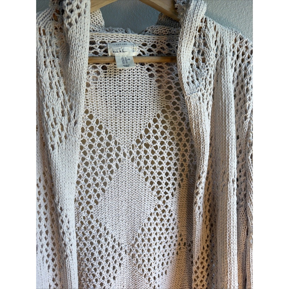 Nicole Miller Artelier Womens XL Cream Diamond Crochet Knit Hooded Cardigan Boho